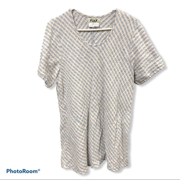 Flax Tops - Flax Linen Striped Short Sleeve Tunic with Pockets